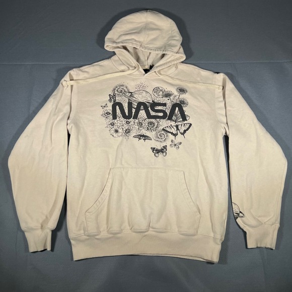 NASA Mad Engine Floral Planetary Graphic Hoodie Sweatshirt Beige Space Medium - Picture 1 of 8